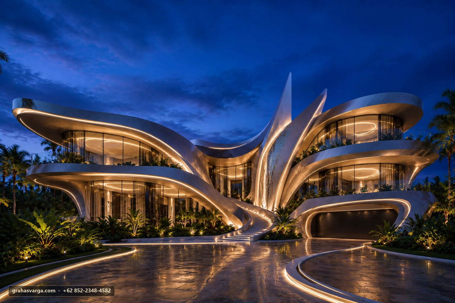 Desain rumah futuristik Indonesia dengan geometri organik Graha Svarga
